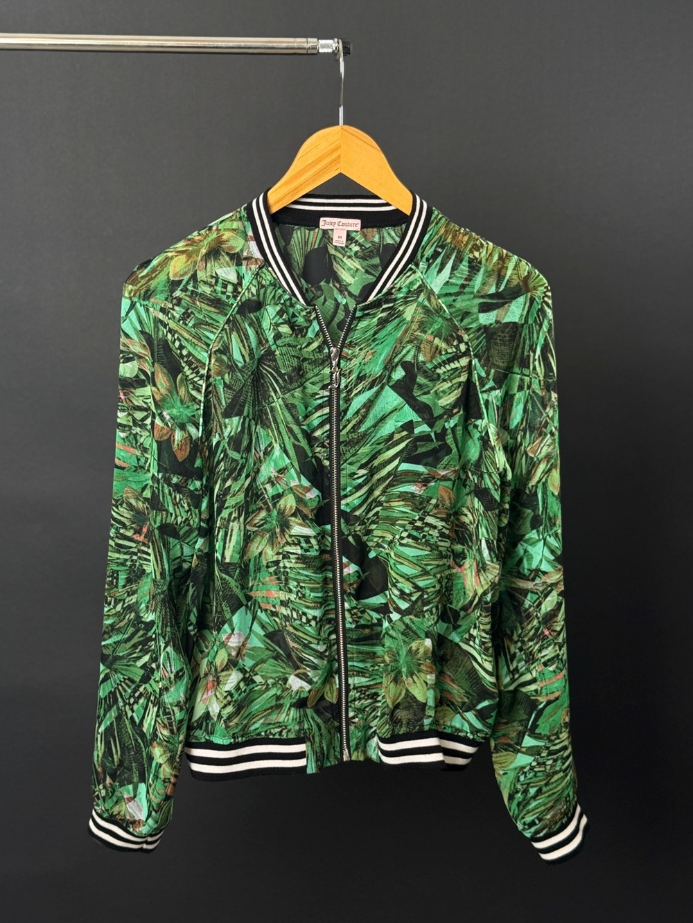 Juicy Couture Green Tropical Palm Leaf Print Sheer Bomber Jacket Size M